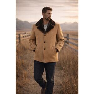Vintage Pendleton Mens 40 Camel Virgin Wool Coat Brown Fur Collar USA Western